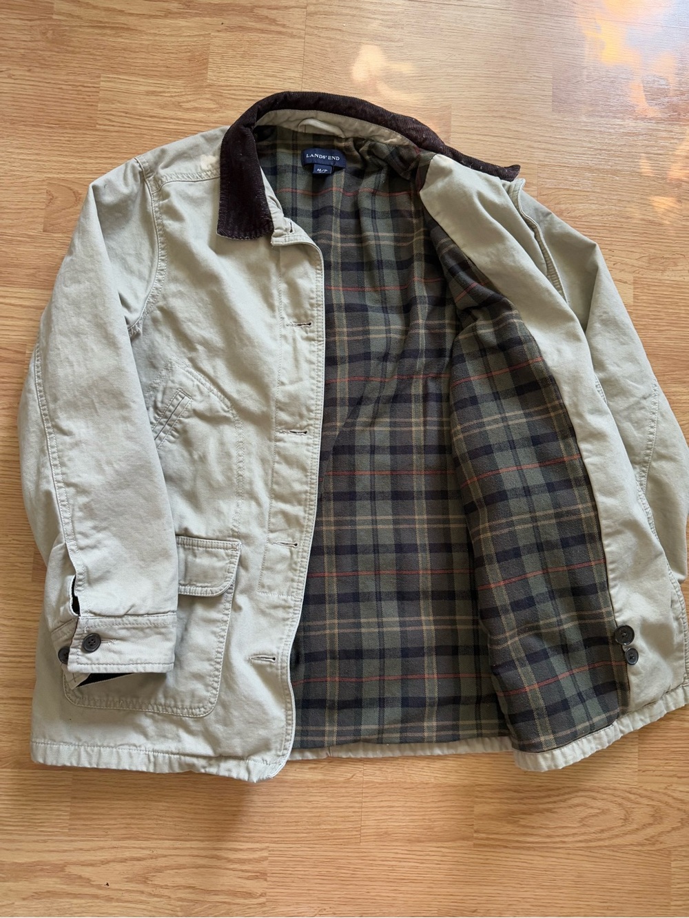 Lands End Beige Canvas Field Jacket Corduroy Collar Plaid Lined Coat M Petite